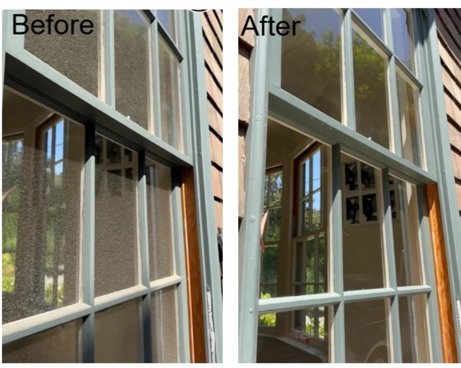 Before and after hard water stain removal from San Clemente window showing mineral deposit elimination and restored glass clarity