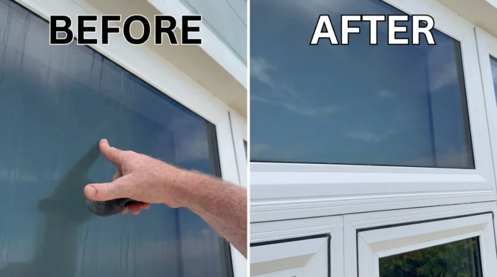 Hard water and salt buildup on San Clemente window glass, before and after cleaning