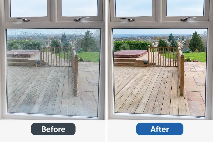 Before and after cleaning a cloudy San Clemente window, surface haze removed