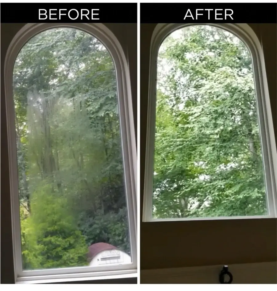 Before and after removing salt film and hard water haze from a San Clemente window