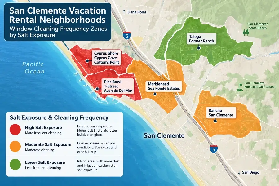 Map of San Clemente vacation rental neighborhoods showing window cleaning frequency zones by salt exposure